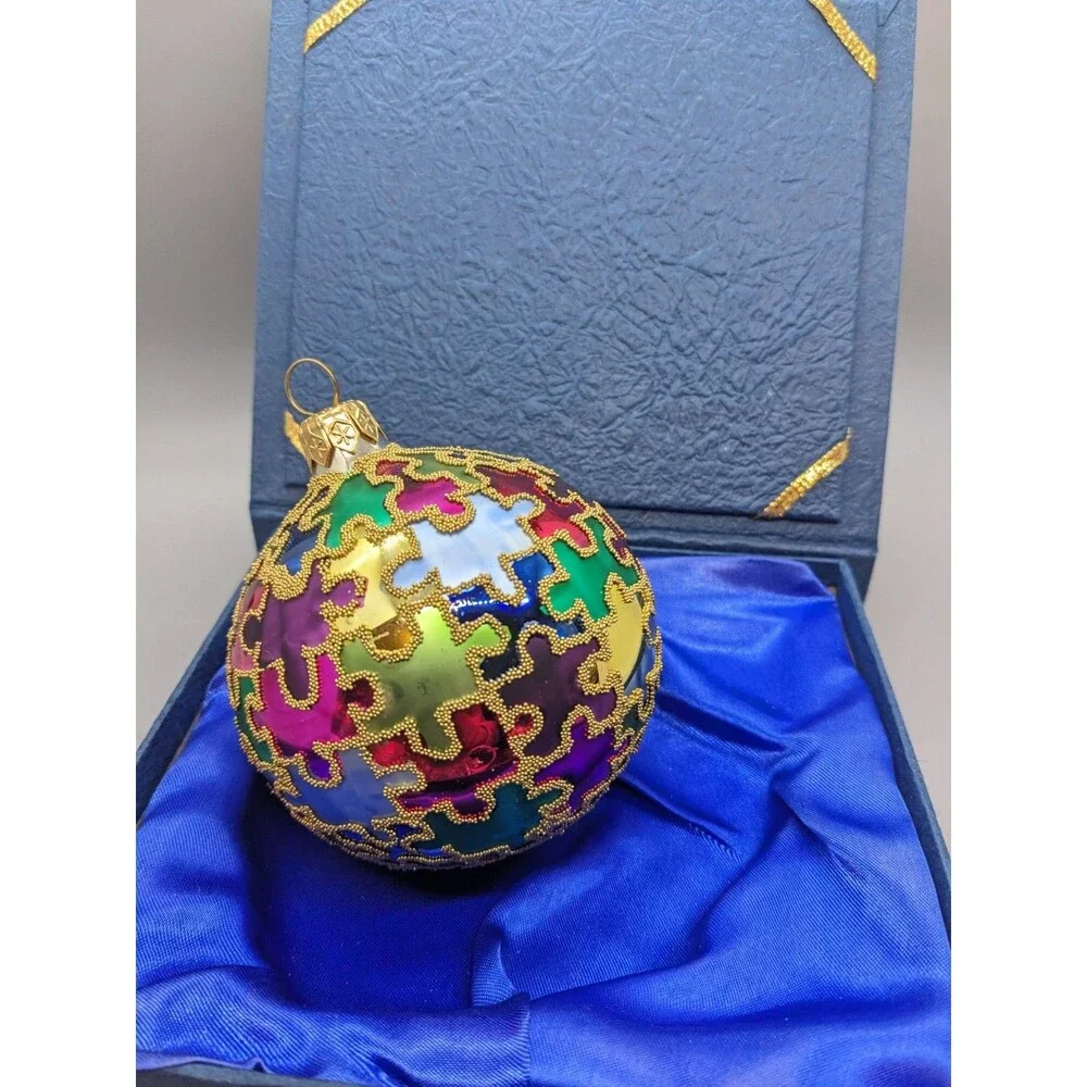 Crate & Barrel Multicolor Glass Puzzle Piece Christmas Ornament Autism Awareness